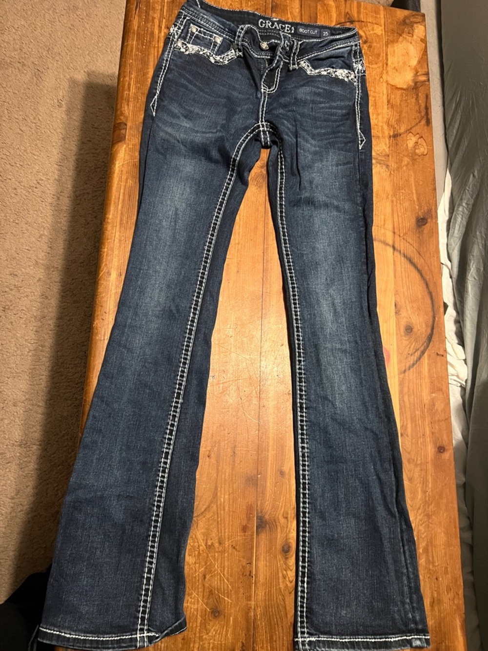 Grace in LA Dark Blue Bootcut Jeans with White Contrast Stitching